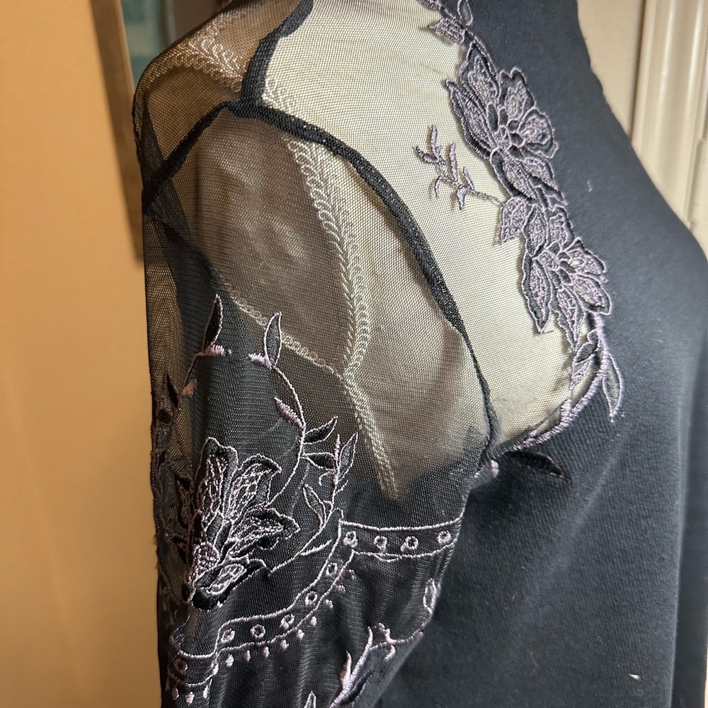 Free People Daniella Black Sweater with Mesh Embroidered Shoulders • S - Picture 5 of 15